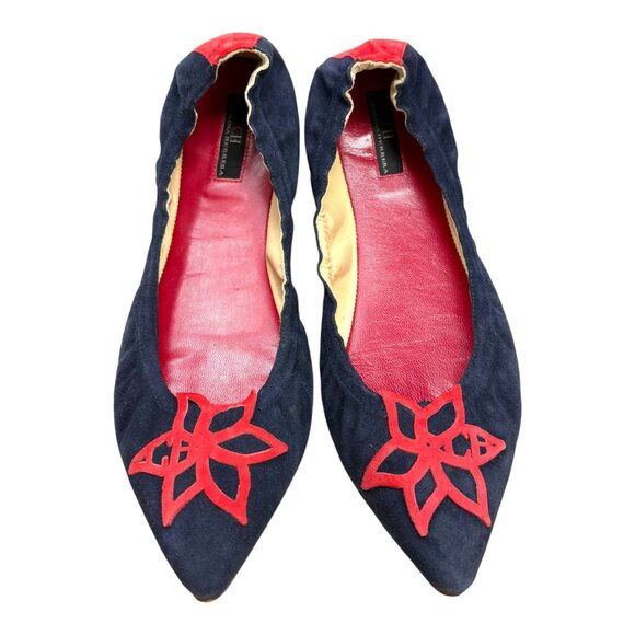 CAROLINA HERRERA Navy Blue Suede with Red Leather Pointy Ballet Flats - Picture 6 of 11